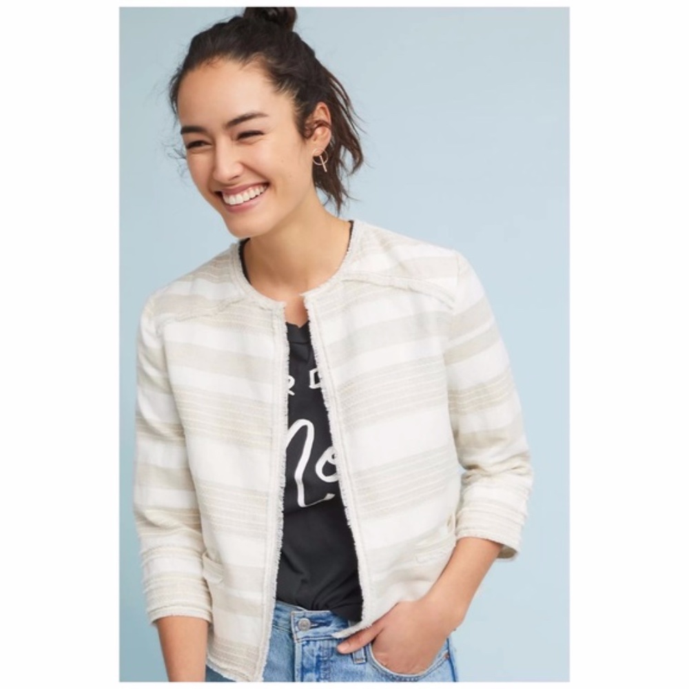 Anthropologie Greylin Joslyn Striped Linen Cream White Blazer Jacket Size XL NWT
